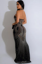 Glitzerndes Neckholder-Maxikleid mit Fischschwanz und transparentem Netzstoff - Schwarz